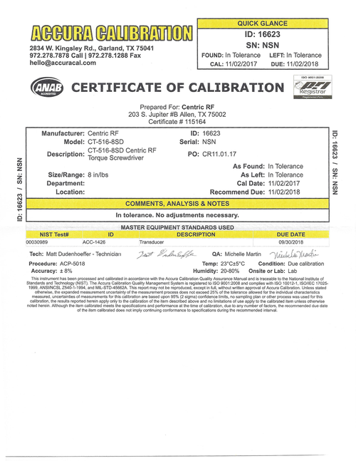 Calibration Certificate (Current) Centric RF