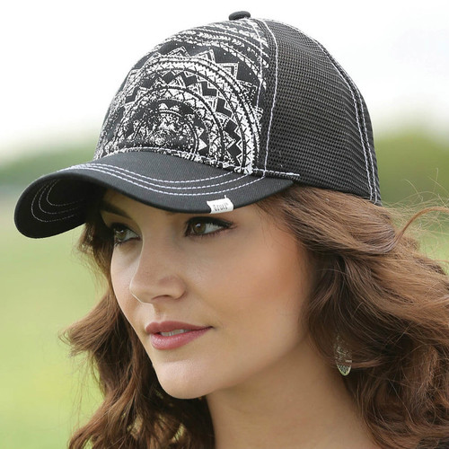 Women's Cruel Girl Cap, Black Trucker Style with White Tribal Design