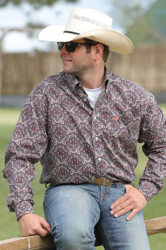 Men's Cinch L/S, Coral and Burgandy Print