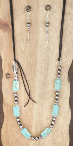 West & Co. Necklace & Earrings, Black Suede Cord. Turquoise Stones, Arrows