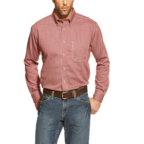 Men's Ariat L/S, FR Red and White Checkered Print