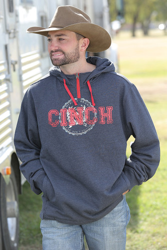 Men's Cinch Hoodie, Navy with 1/4 Zip, Red Logo