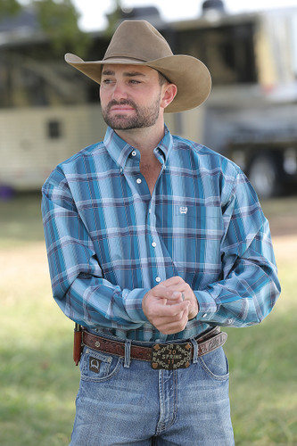 Men's Cinch L/S, Teal and Navy Plaid