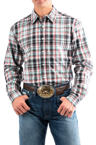 Men's Cinch L/S Modern Fit, Mint, Red and Black Plaid