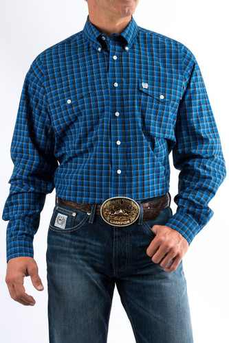 Men's Cinch L/S, Royal Blue with Black Plaid