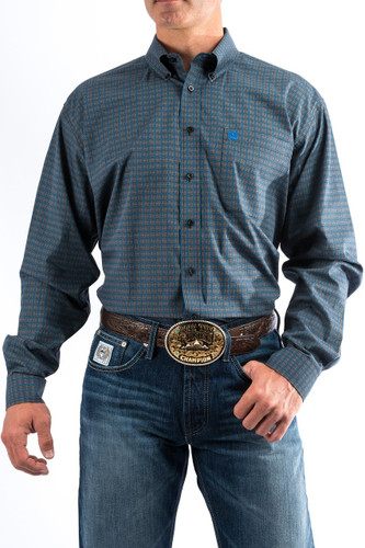 Men's Cinch L/S, Dark Gray with Royal Blue Print