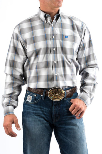 Men's Cinch L/S, Gray, Blue and White Plaid