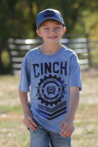 Boys Cinch Tee, Heather Blue with Black Logo