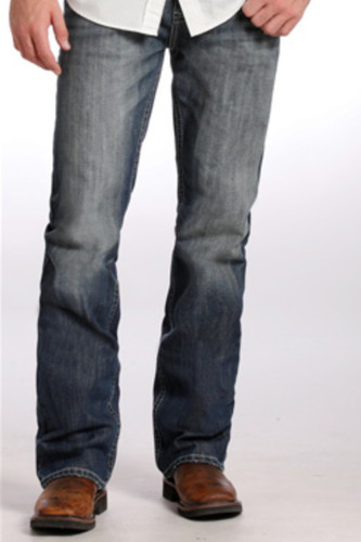 Men's Rock & Roll Jeans Dark Distress Wash, Relax/Straight Leg, White "V" Stitch