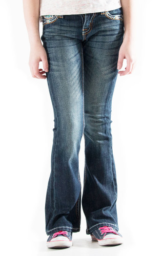 Girls Grace in LA Jeans, Green and Orange Feather Pocket