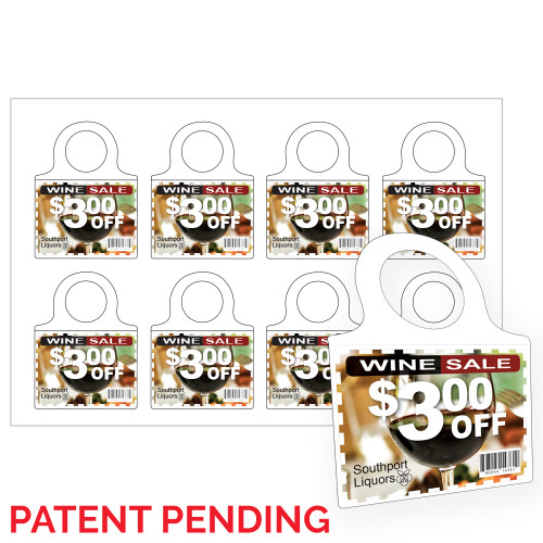 3.75" x 5" Lift Off™ Bottle Hanger on 12" x 18", White 100 Lb. Vellum, 400 Bottle Hangers/Pack