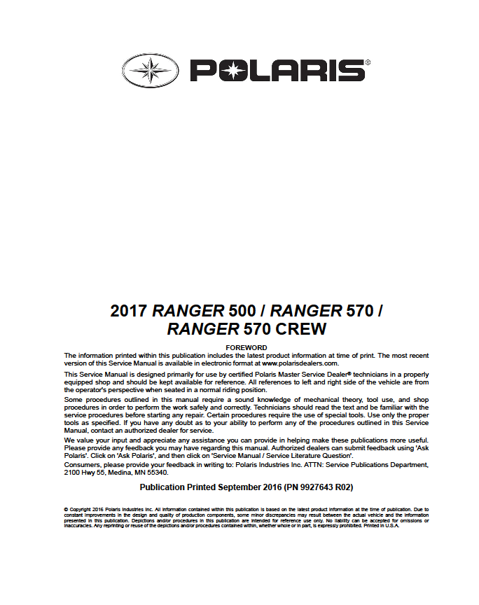 2017 Polaris Ranger 500/570 Crew/570 MIDSIZE Service Manual - Atv