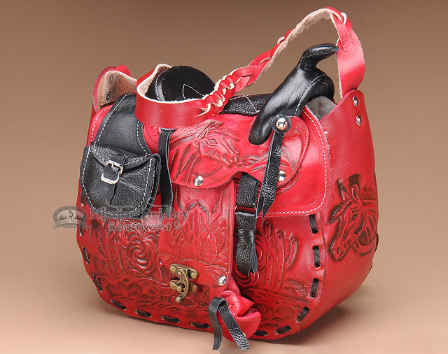 red tooled leather purse