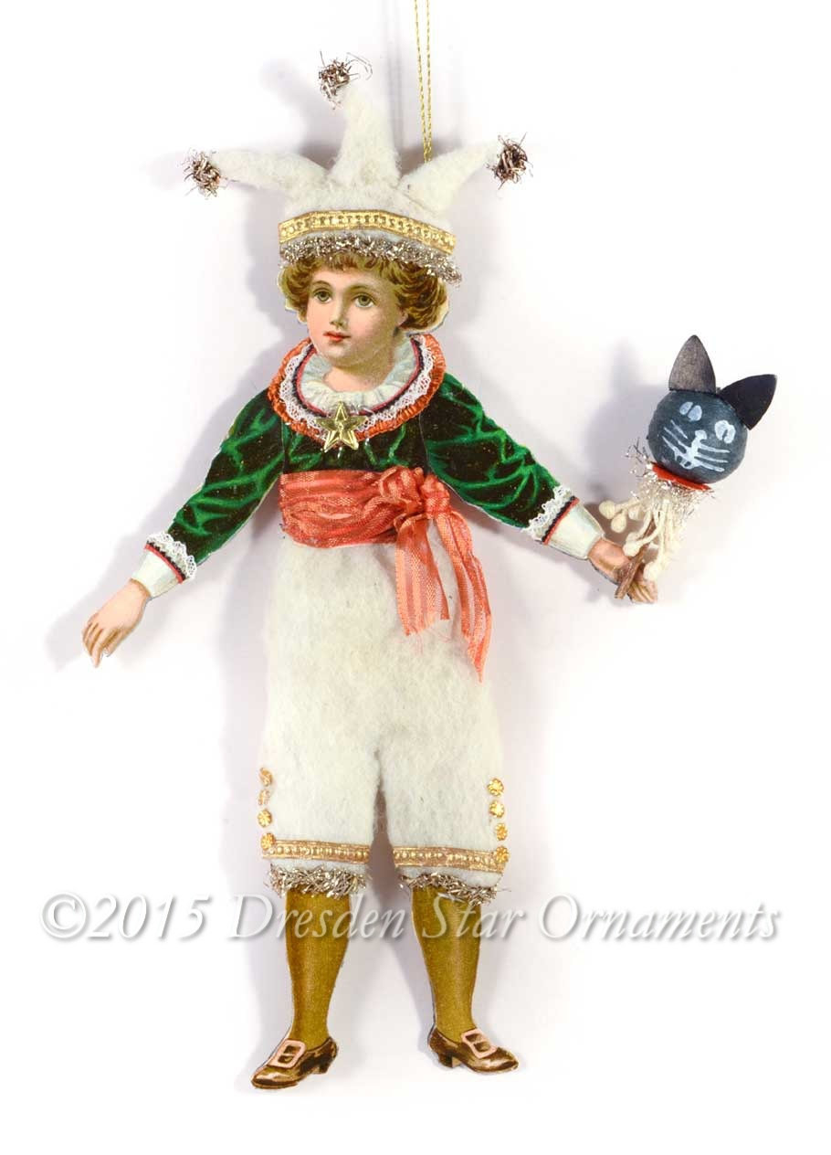 victorian boy in cotton clown costume with halloween cat antique christmas ornaments glass