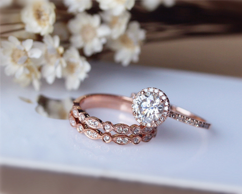 1ct Brilliant Moissanite Engagement Ring 3 Set Solid 14k Rose Rose Gold Wedding Ring Set Image 1