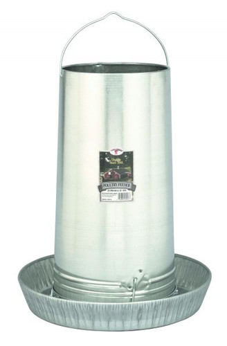 Saves floor space
Reduces feed waste by eliminating scratching
Cuts down on debris in the feed
Hanging handle included
Holds approximately 40 pounds of feed