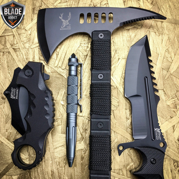 4PC Black Tactical Hunting Combat Set MEGAKNIFE