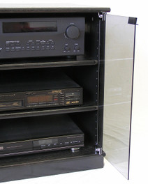 of small black oak TV stand with gray tint glass doors ...