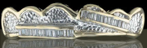 ChiGrillz Diamond Wall Grillz Style-0506 6 gold caps 4 med baguette bars puffed up in a wall design. ChiGrillz Diamond Wall Grillz Style-0506 6 gold caps 4 med baguette bars puffed up in a wall design.