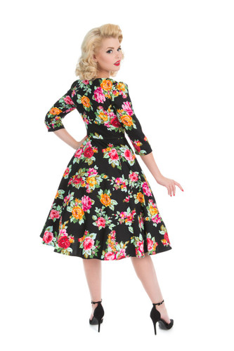 Black and Floral 3/4 Sleeve Sweetheart Neckline 1950s Tea Dress - Meredith
