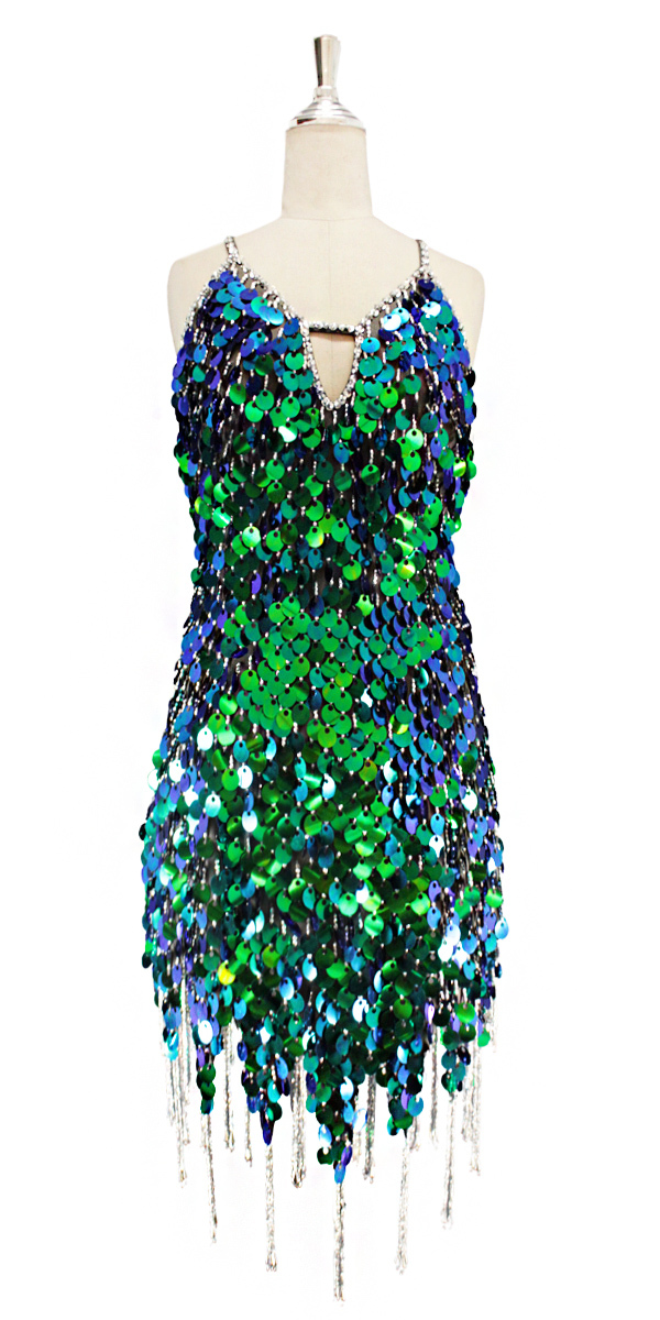 short dress paillette green sequin spangles jagged blue and silver christmas fabric