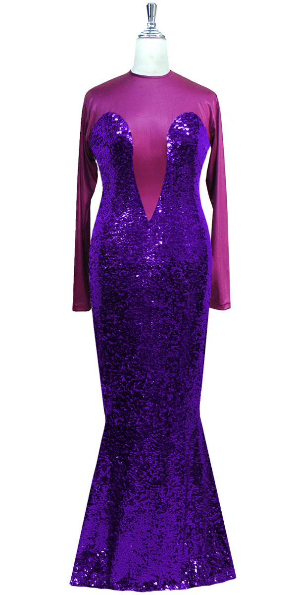 Long Dress Oversized Sleeves Metallic Gold Sequin Spangles Long Sleeved Gown In Metallic Dark Purple Sequin Fabric And Stretch With Flared Hemline