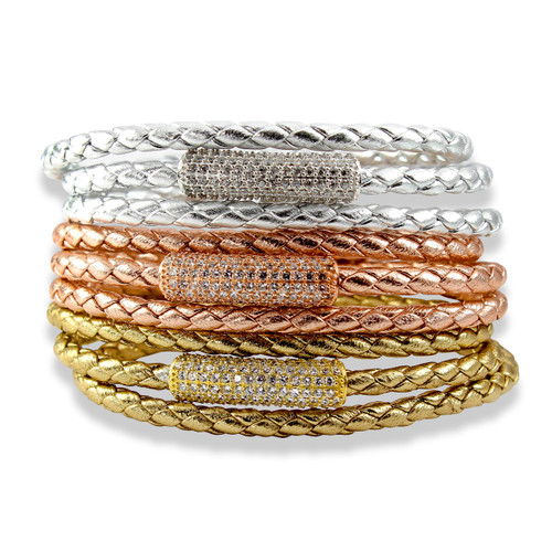 Ultra Chic and yet laid back this Triple Wrap Rich Braided Leather Bracelet Sterling Silver Bead with CZ Sterling Silver Magnetic Clasp.