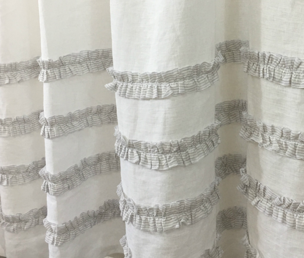Grey Ticking Stripe Ruffle Shower Curtains Handcrafted by