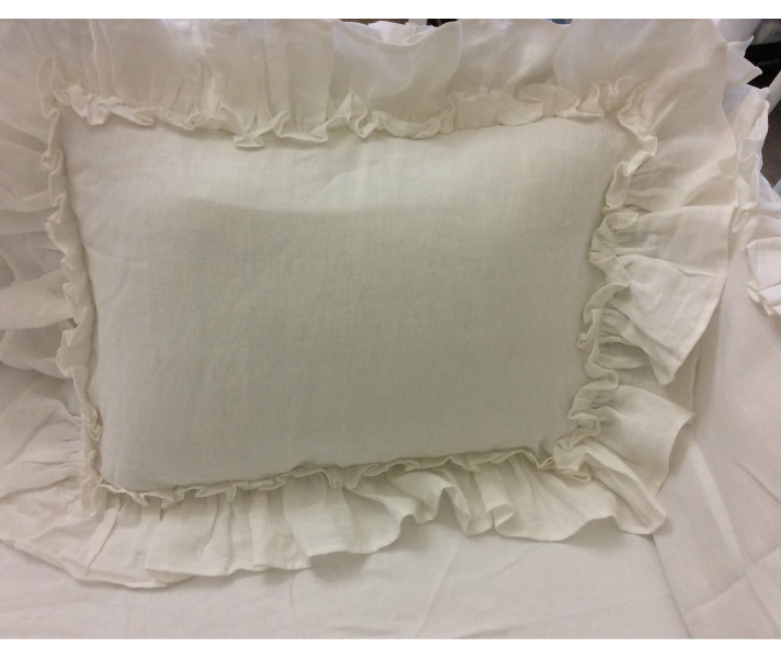 Vintage Ruffle Euro Sham Covers in White Linen Handcrafted by