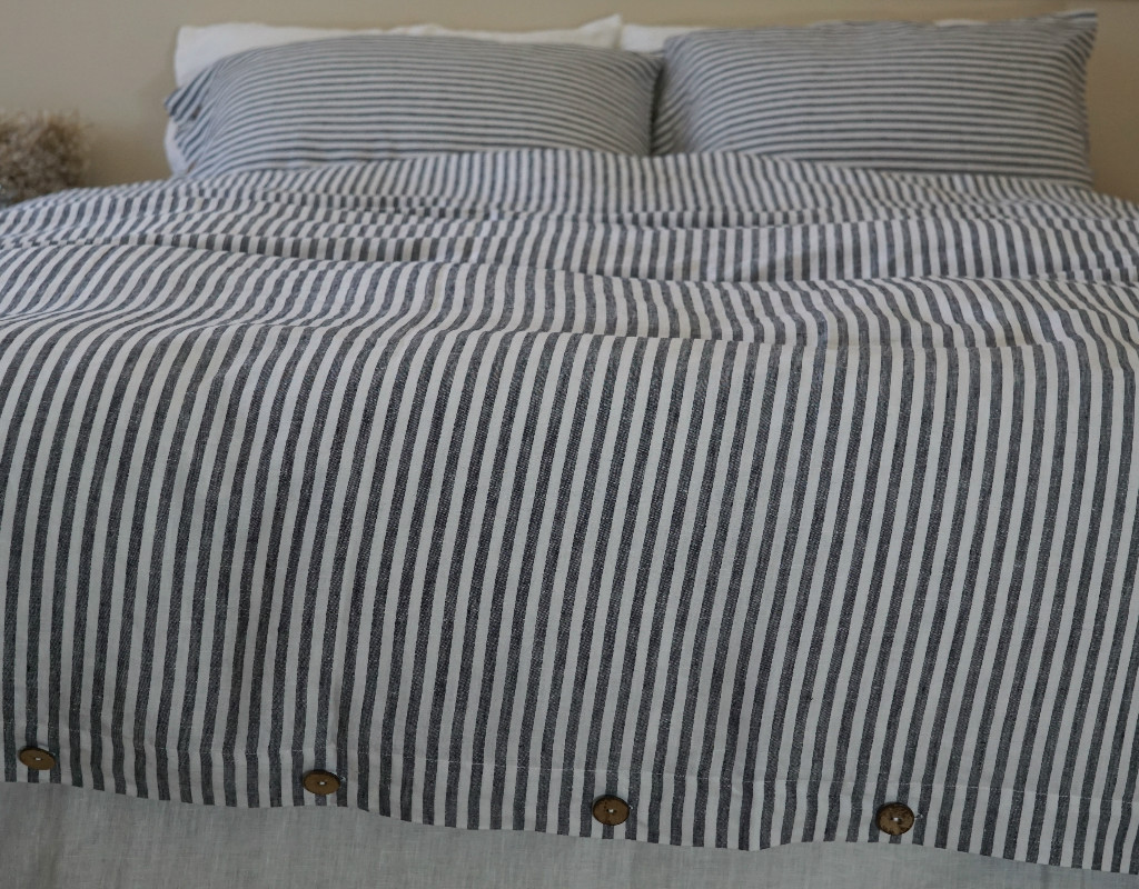 Navy and White Striped Duvet Cover Button Closure Handmade by