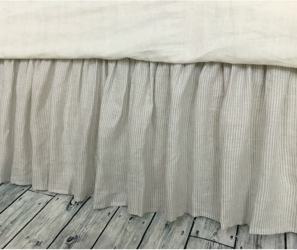 Stone gray ticking stripe bed skirt, Ticking stripe dust ruffle