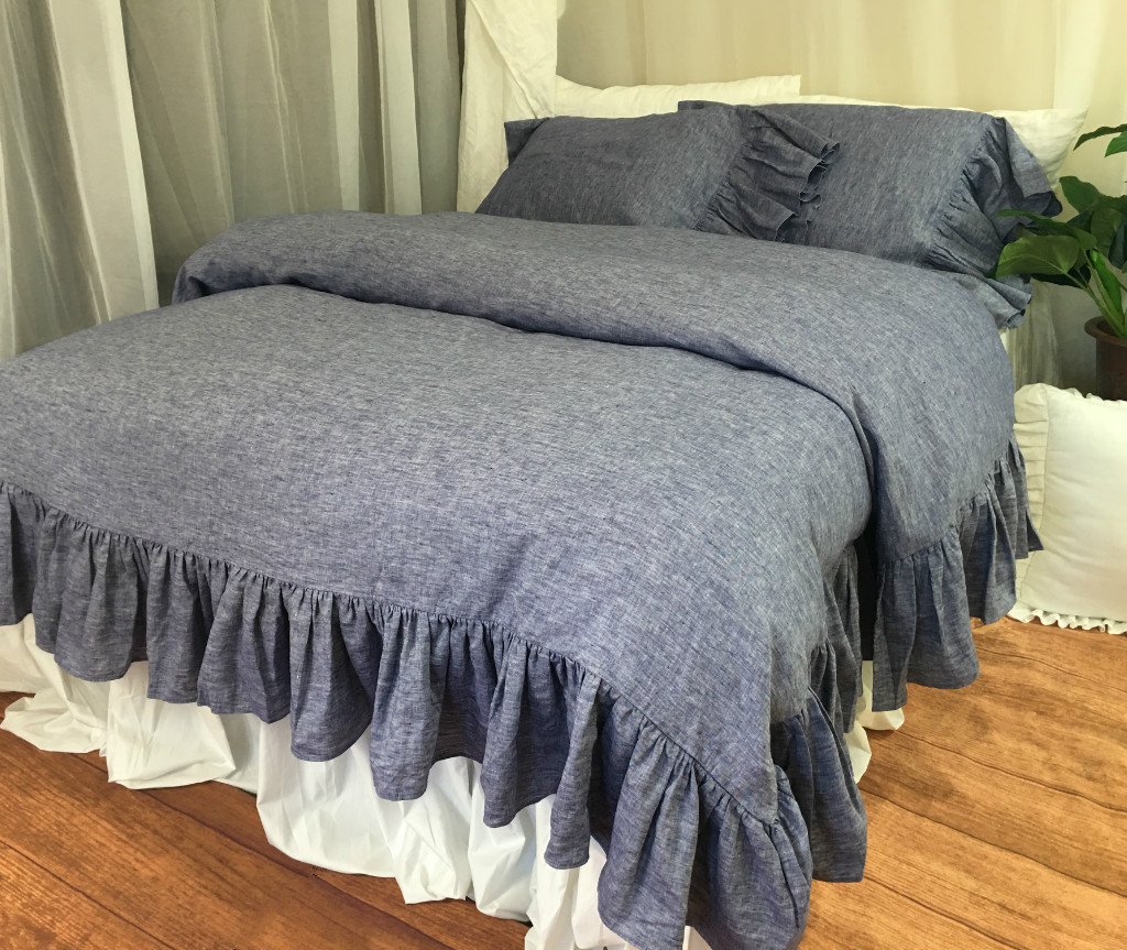 Chambray Denim Duvet Cover With Mermaid Long Ruffles