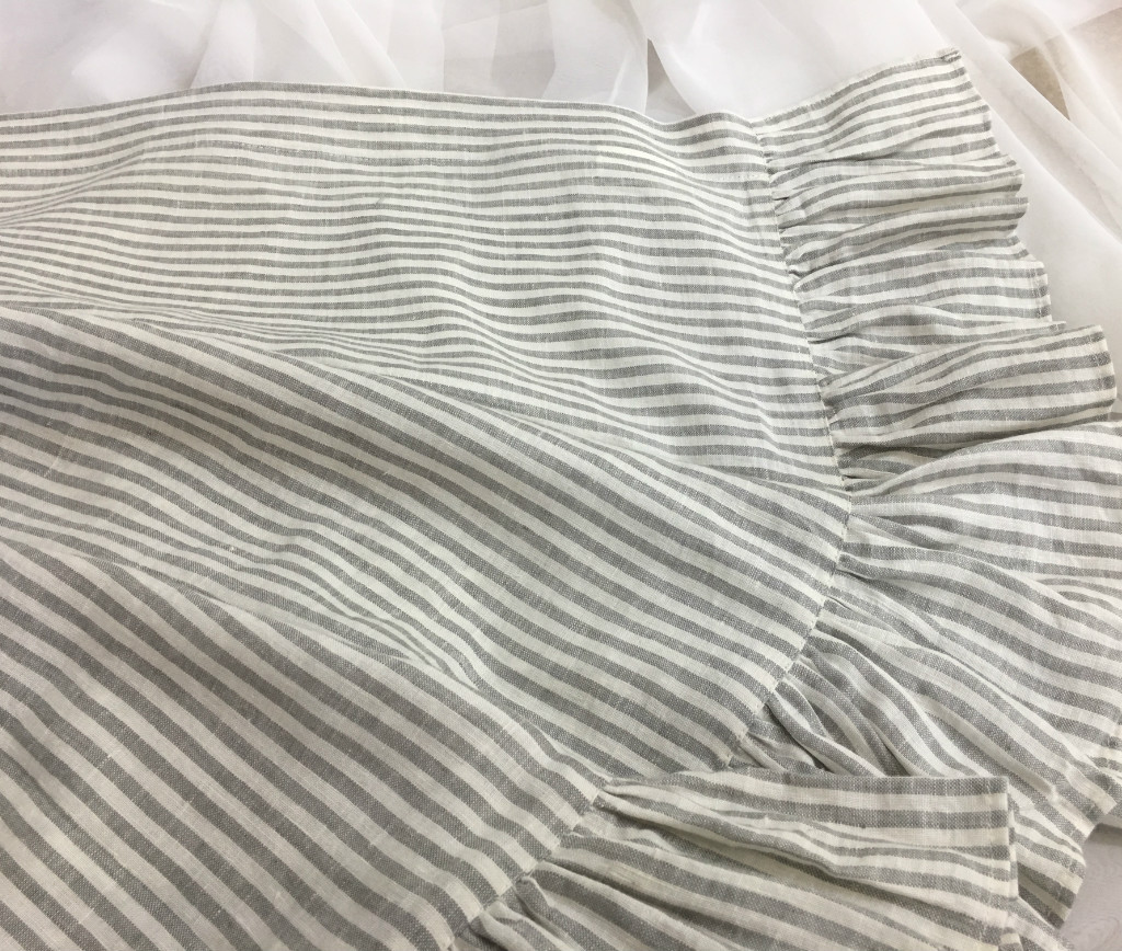 Grey stripe Linen shower curtain features ruffle hem - Mildew-Free ... Grey stripe Linen shower curtain features ruffle hem - Mildew-Free ...