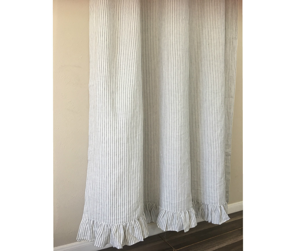 Grey stripe Linen shower curtain features ruffle hem - Mildew-Free ... Grey stripe Linen shower curtain features ruffle hem - Mildew-Free ...