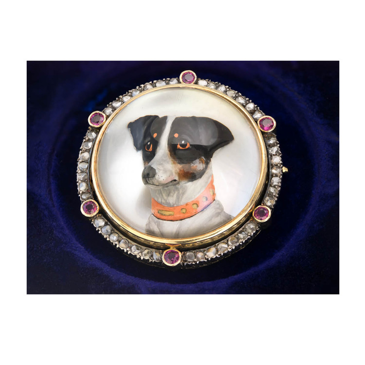Antique Reverse Intaglio Jack Russell Terrier Dog Brooch with Rubies and Diamonds Set in 18 Ct Gold