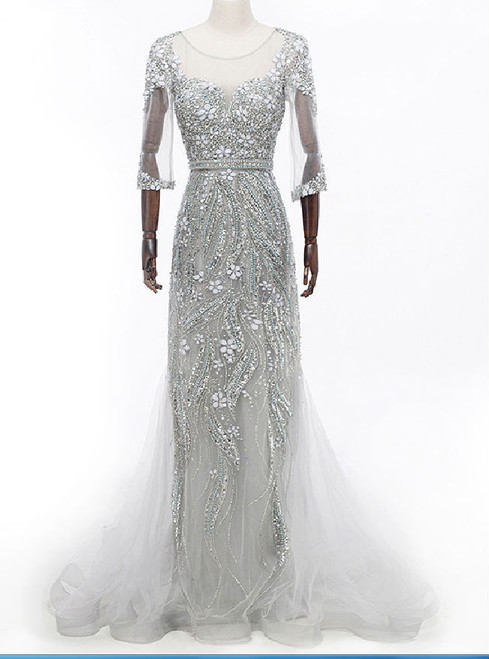 grey crystal illusion dress evening gown