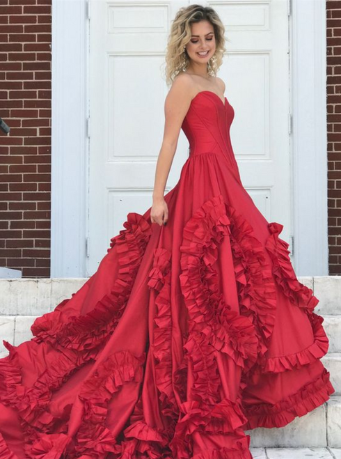 Bodice Corset Ruffles Red Prom Dresses Ball Gowns