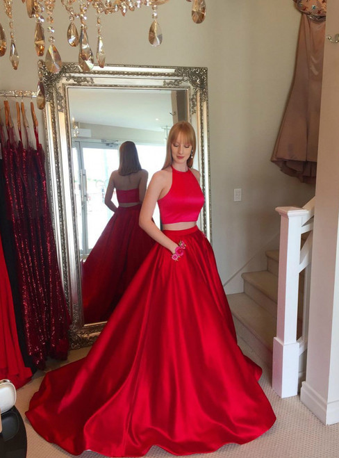 Two Piece Red Satin Halter Long Prom Dress