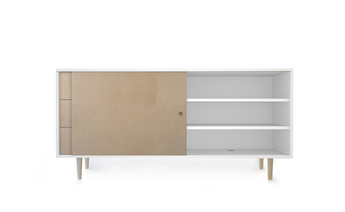 Ulm Birch/White Credenza with open sliding door.