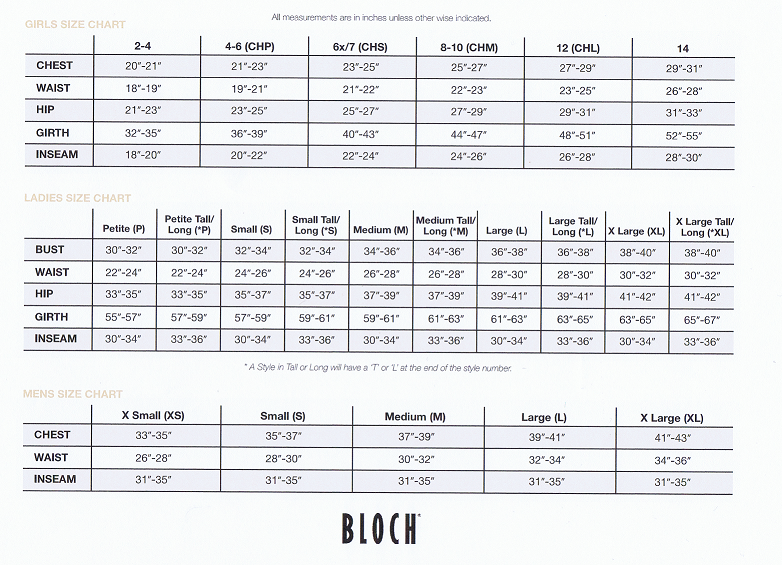 Bloch Tights Size Chart