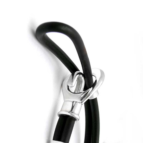 Loop goes through hole in clasp then seats onto the hook. Pull bead toward clasp to tighten