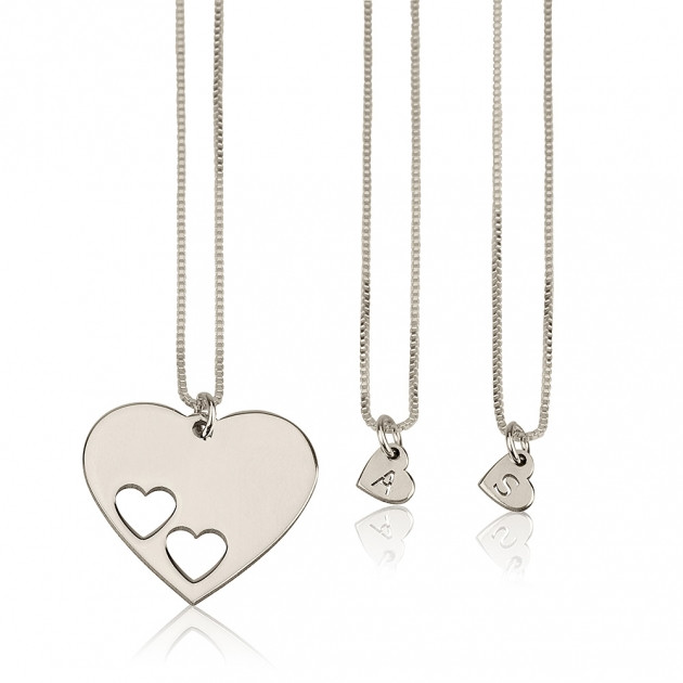 Floating Hearts Personalized Initial Necklaces Set- Sterling Silver