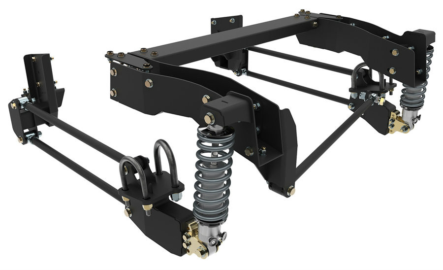 Bolt-On Parallel 4-Link Coil-Over Suspension for 1963-1972 Chevrolet C10 Pickups - Includes: bolt-on or weld-in axle brackets, panhard bar locater, factory-valved coil-over shocks, and coil-springs. Options: Watts link for 10- or 12-bolt rearend, single- or double-adjustable coil-over shocks, and choice of spring rate based on vehicle load (Light - 175 lb/in, Baseline - 200 lb/in, Heavy - 250 lb/in).