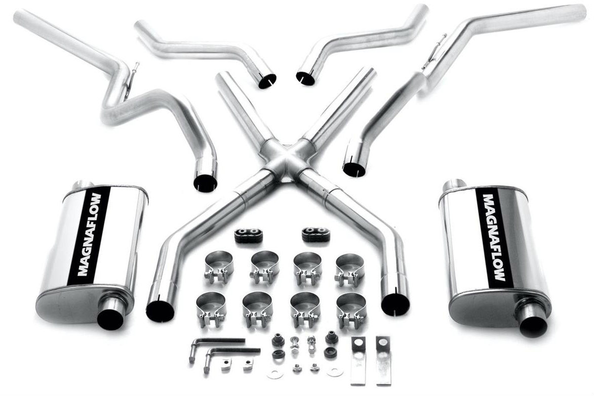 MagnaFlow MF Series Performance exhaust systems are designed for those seeking increased performance and better economy. They feature straight-through flow designs for the ultimate in unrestricted horsepower and torque&mdash;while maintaining exhaust efficiency. An engineered balance of interior and exterior noise levels, MF Series kits deliver the smooth, deep sound you want and the wide-open performance power you need. These systems feature all mandrel-bent tubing and 409 stainless steel construction. They're available in numerous configurations, including cat-back, rear axle-back, crossmember-back, and particulate filter-back; single, dual, or tri mufflers; and one, two, or four outlets. Many tip options are offered, as well. Built to last, MagnaFlow MF Series Performance exhaust systems carry a lifetime construction warranty, and are tested against SAE j1169 standards. Order the model tailored for your specific vehicle.

Chevy/GM Truck 1961-1972
Exhaust System, Crossmember-Back, Stainless Steel, Tru-X, Chevy, GMC, Pickup, RWD, Small Block, Kit,
System Material:409 stainless steel
System Style:Crossmember back
Exit Quantity:Two
Exit Location:Split side
System Finish:Natural
Catalytic Converter(s) Included:No
Intermediate Pipe Diameter (in):2.500 in.
Muffler Included:Yes
Muffler Quantity:Two
Muffler Configuration:Single inlet/Single outlet
 Muffler Style:Turbo
 Muffler Material:409 stainless steel
 Muffler Finish:Polished
 Exhaust Type:Dual
 Hardware Included:Yes
 Inlet Quantity:Two
 Tailpipe Diameter (in):2.500 in.
 Tip Included:No
 Quantity:Sold as a kit.
 Notes:Kit includes polished mufflers and Tru-X pipe. Designed to work with original style exhaust manifolds or tubular headers.
