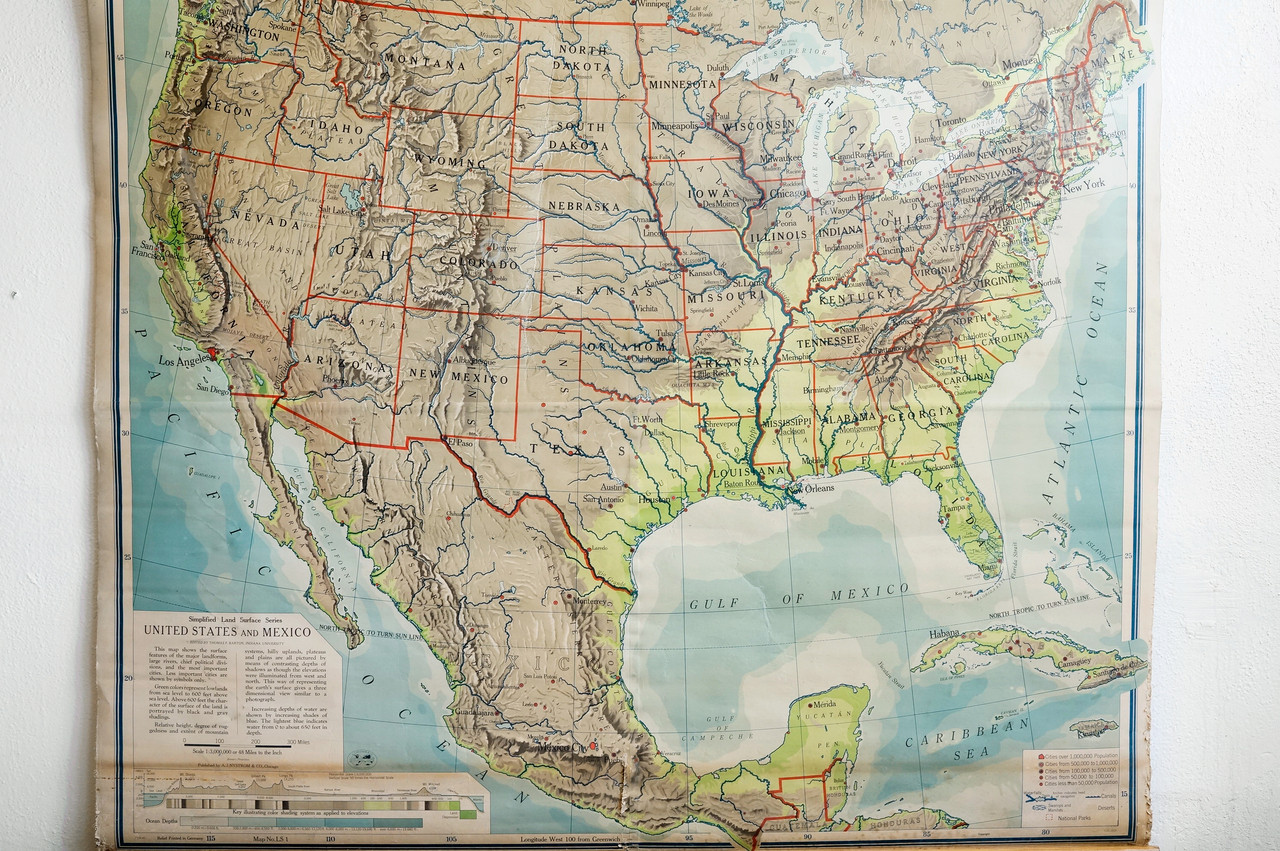 sold vintage pull down map united states and mexico 1960s