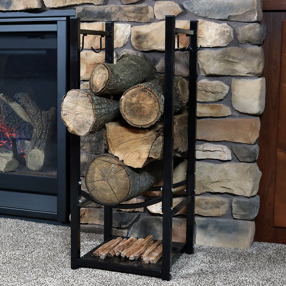 Space Saving Vertical Firewood Rack for Logs w/Tool Holders Black Steel