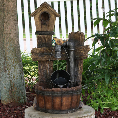 Sunnydaze Bird House with Leaking Pipe Outdoor Water Fountain with LED Light | Water Fountains