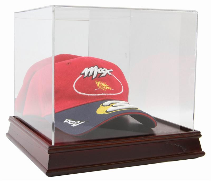 DELUXE CHERRY WOOD BASE HAT CAP DISPLAY CASE