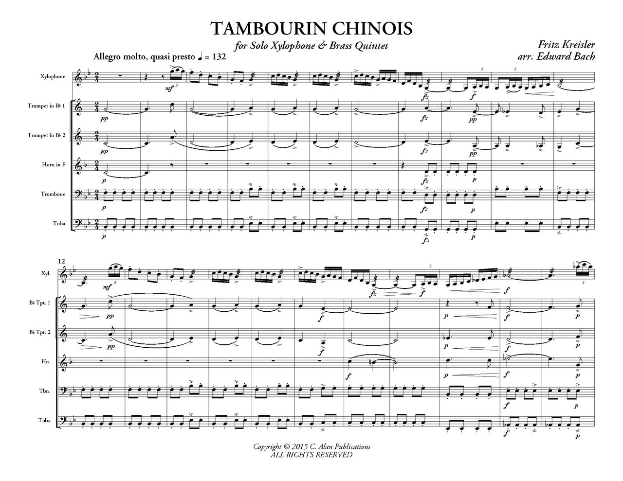 中国の太鼓（フリッツ・クライスラー） (金管五重奏+シロフォン)【Tambourin Chinois】 - フリッツ・クライスラー (Fritz  Kreisler) - 吹奏楽の楽譜販売はミュージックエイト