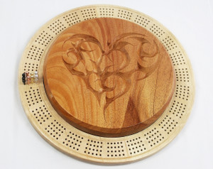 Four Player Cribbage Board Tribal Heart Mahogany and Curly Maple